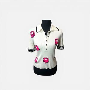 Cider Y2K Ribbed Knit Polo Pink Floral Preppy Sleaze Top